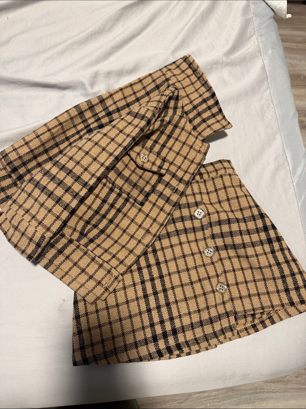 Girls Beige and Black Plaid Button-Front Skirt with Matching Blouse